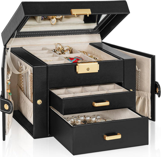 TORIBIO Jewelry Box for Women, Leather Jewelry Organizer with Mirror & Lock, 3-Tier Jewelry Storage Organizer with 2 Drawers for Girls/Women/Mothers, Necklace Earring Bracelets Holder Organizer