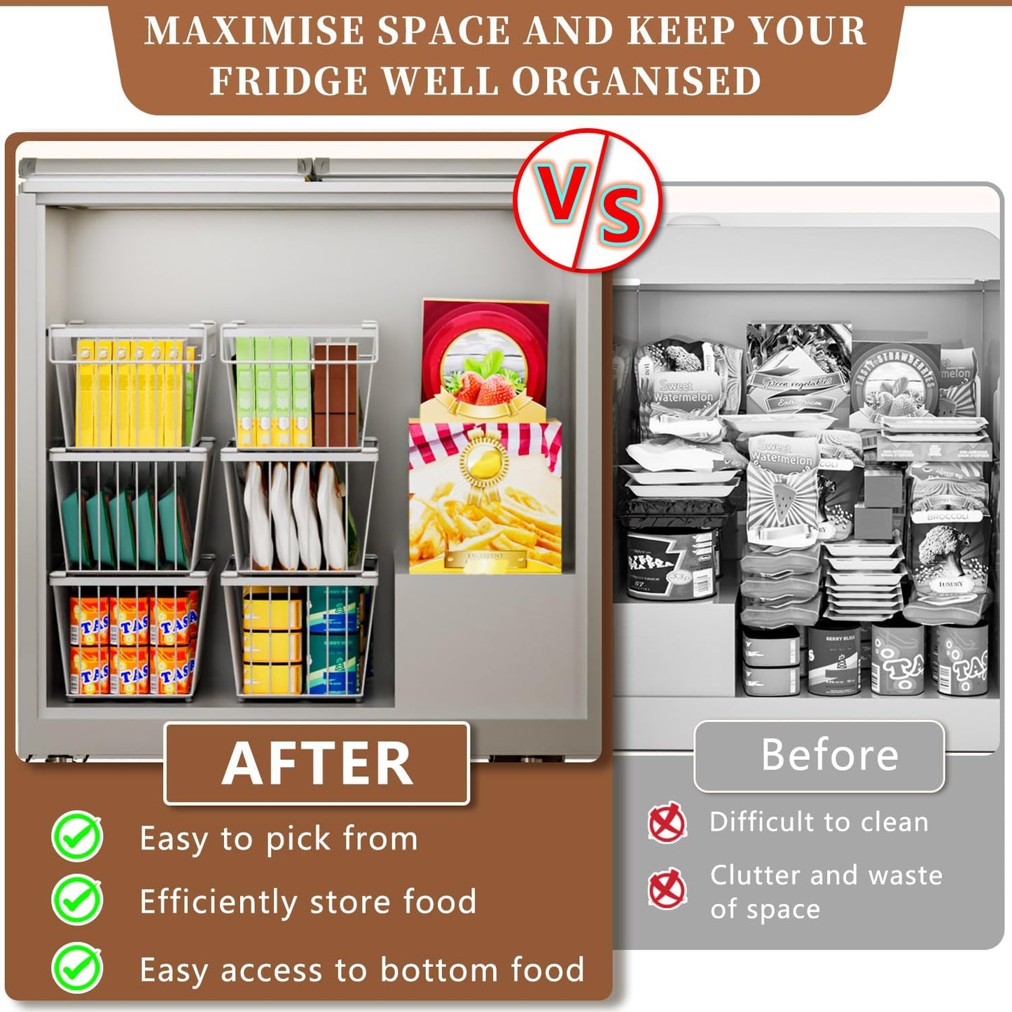Enhanced Leak-Proof Bottom - Freezer Organizer Bins ，4 Pack Stackable Deep Freezer Organizer Bins for 7 Cu.FT Small Chest Freezer，Easy Get Bottom Foods without Digging（white）