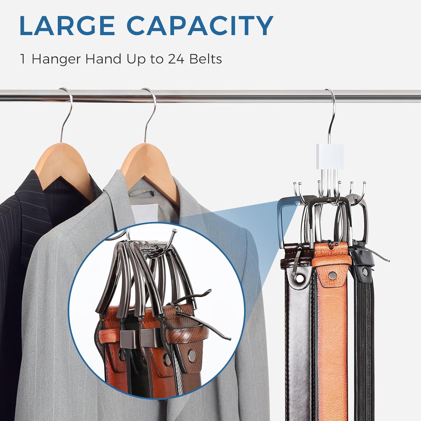 Tie Rack Hanger, Belt Hanger Organizer for Closet 360° Rotatable Max 24 Ties/24 Belts Storage Space Saving Closet Organizers and Storage for Belt, Bra, Tank Top, Tie, Scarf, Purse 2Pcs White