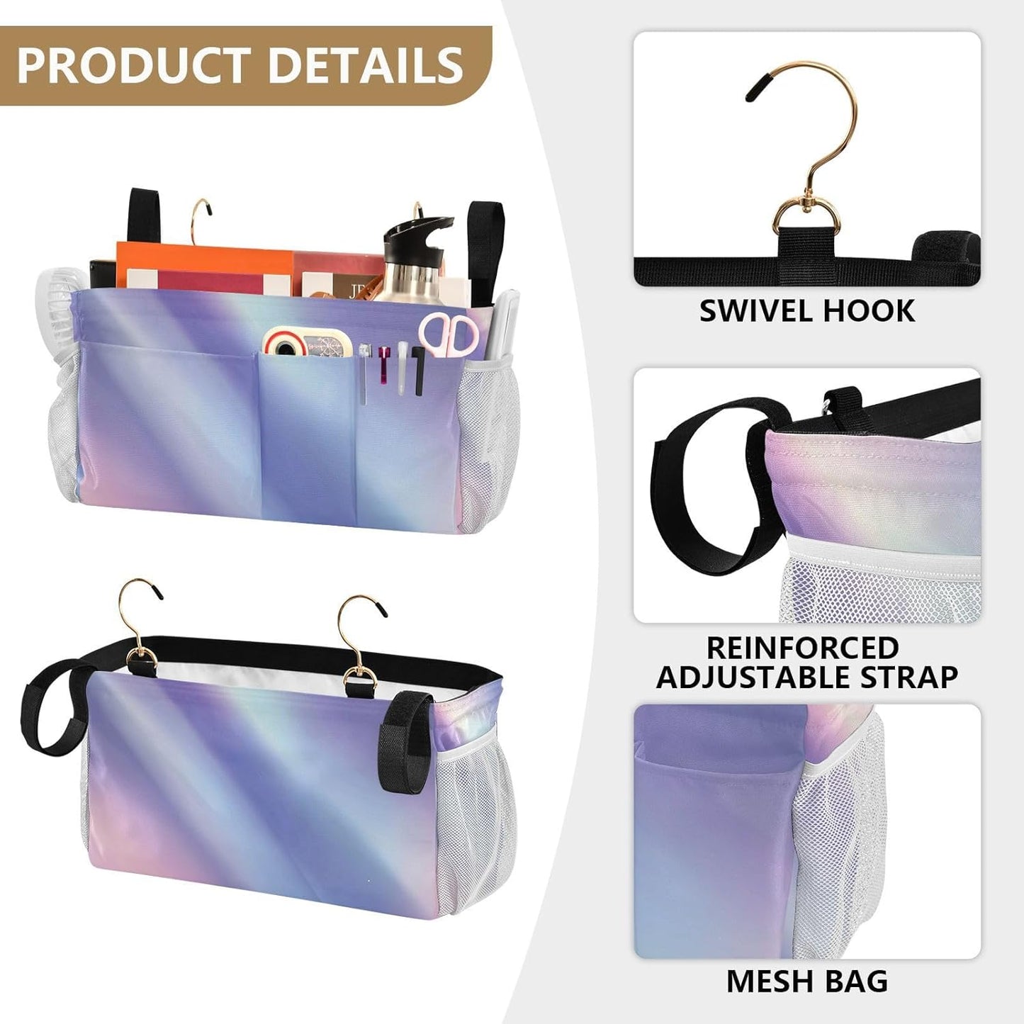 Purple Blue Gradient Bedside Caddy for Dorm Bed Bedside Hanging Caddy Bag Iron Frame Storage Organizer Pocket for Bunk Home College Hospital Beds 2 Hooks