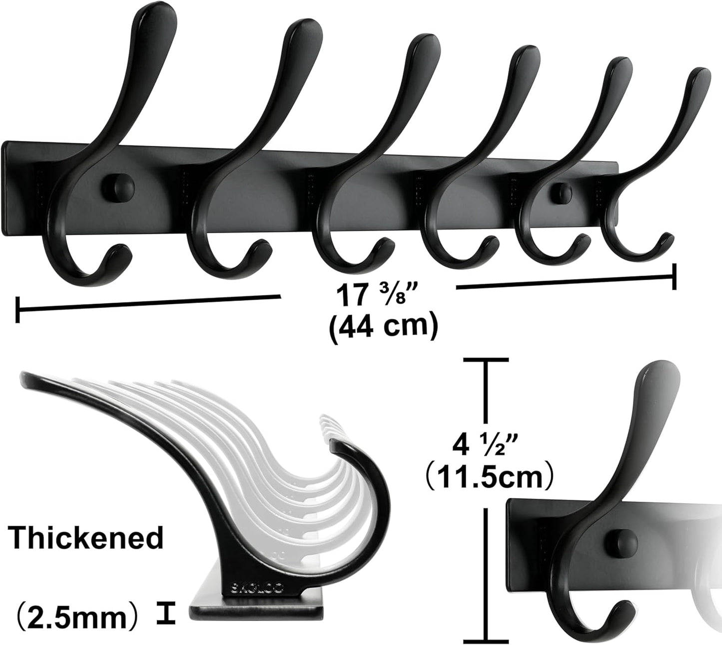 SKOLOO Coat Rack Wall Mounted - 6 Hooks, Heavy Duty, Stainless Steel, Metal Wall Hanger, Sturdy Coat Hooks for Hanging Coats, Jacket, Clothes, Hats - Black