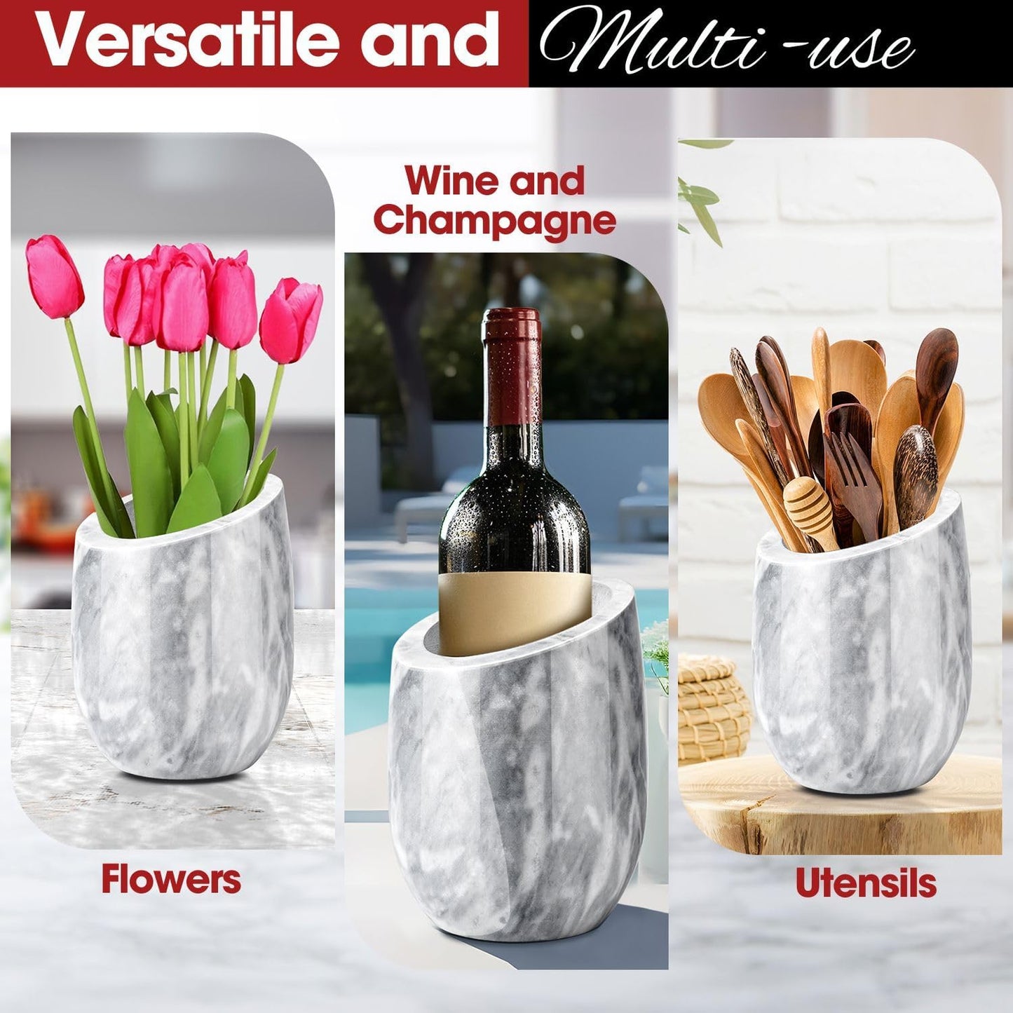 Flexzion Marble Wine Chiller Bucket – White Wine Cooler & Champagne Bucket for Bar Cart Decor, Kitchen & Parties – Gifts for Men, Women & Enthusiasts – Fits 750ml Bottles