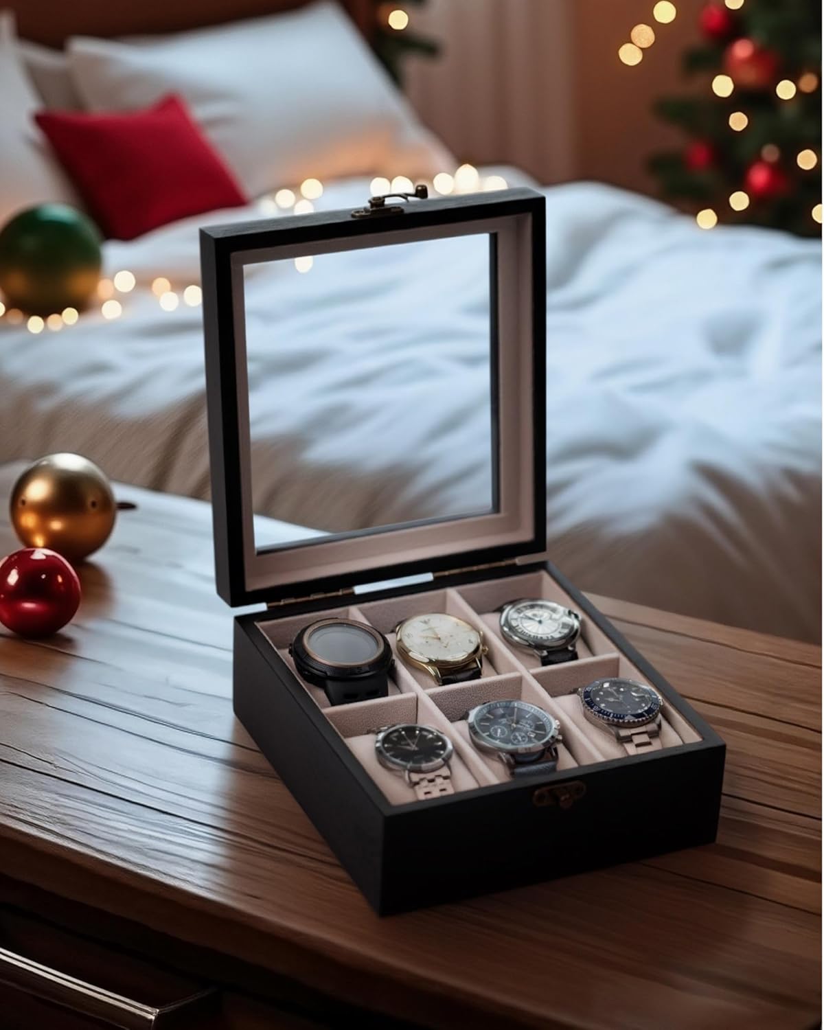 Watch Box, Watch Case for Men Women with Large Glass Lid, Wooden Watch Display Storage Box with 6 - Slots, Charcoal Black 6x2 Mens Watch Box Organizer