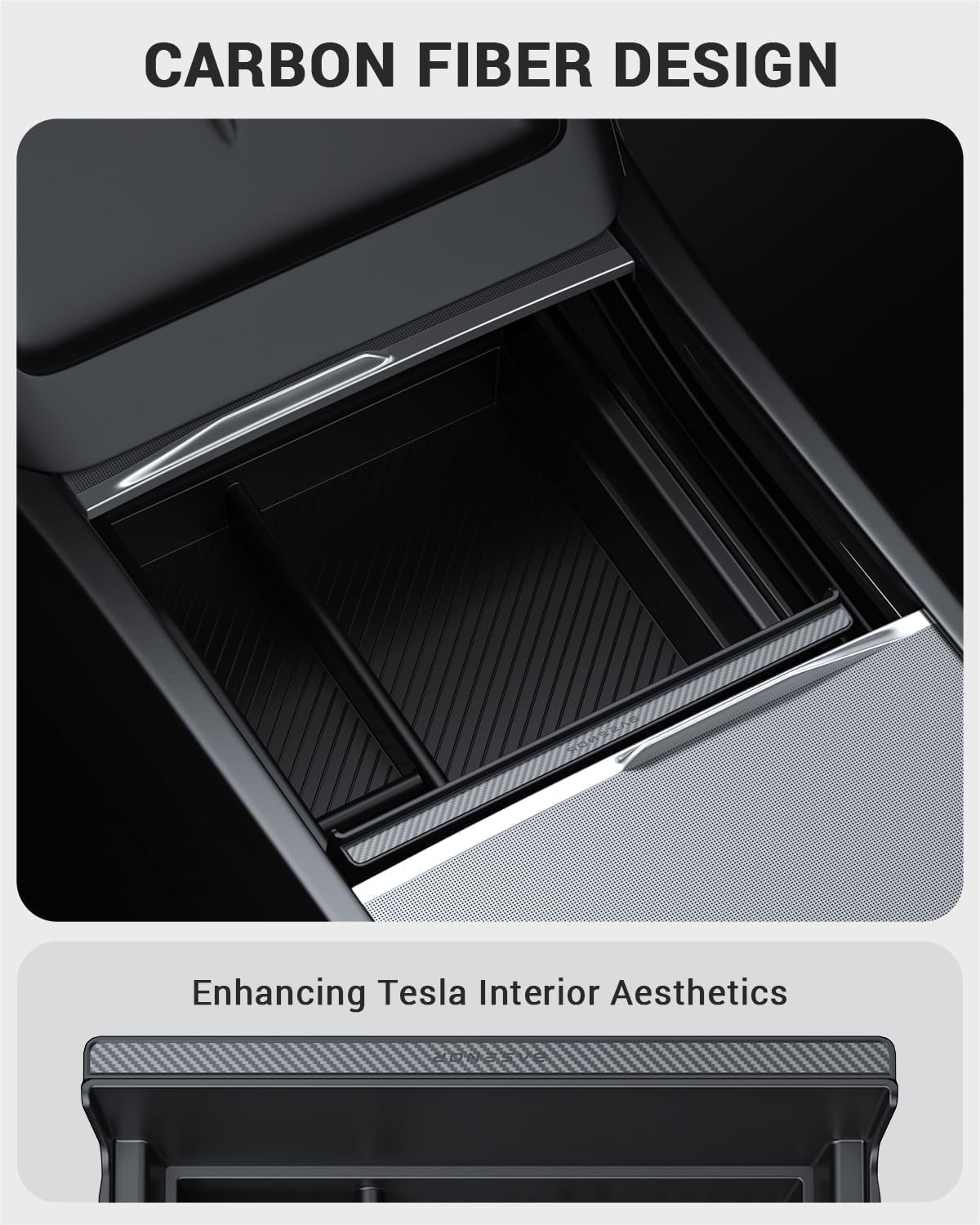 BASENOR 2026 Tesla Model Y Model 3 Center Console Organizer Tray (Carbon Edition), Hidden Storage Box for Model Y 2025 2026 Juniper Tesla 3 Highland 2024 2025 2026 (Standard/Premium/Performance)