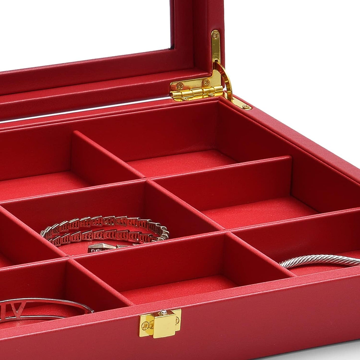 Oirlv 12 Gird Jewelry Tray with Acrylic Lid Premium Leather Jewelry Organizer Box Transparent Lid Bracelet Bangle Storage Case for Women Gift