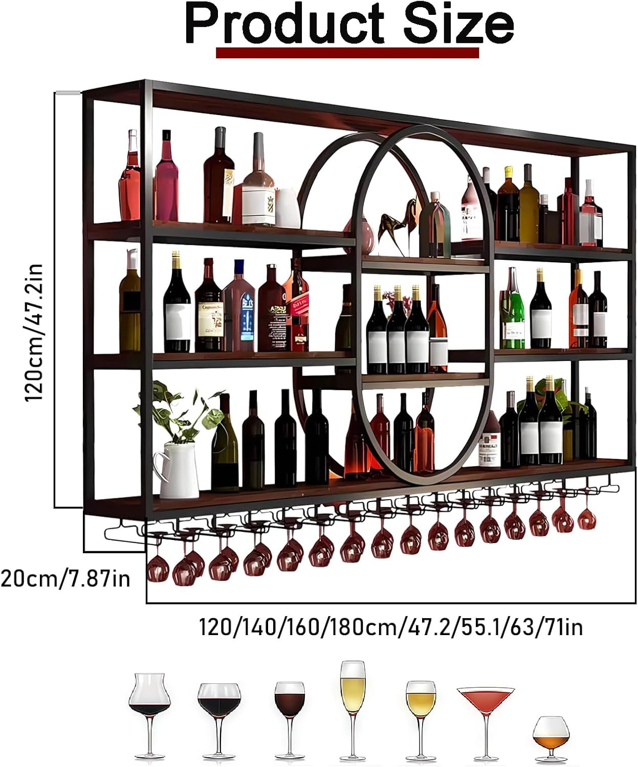 71IN Large Wall Mount Wine Rack, Metal 4 Tier Hanging Bottle Holder with Wine Glass Storage Racks, Modern Floating Wine Shelves for Home Bar Dining Room Decoration(Black)