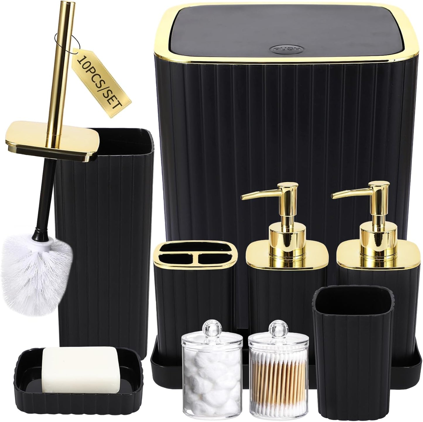 Bathroom Accessories Set - Gorgeous Black Bathroom Set, 10PC Bathroom Accessory Set, Toilet Brush, Trash Can, Qtip Holder Dispenser & Soap Dispenser