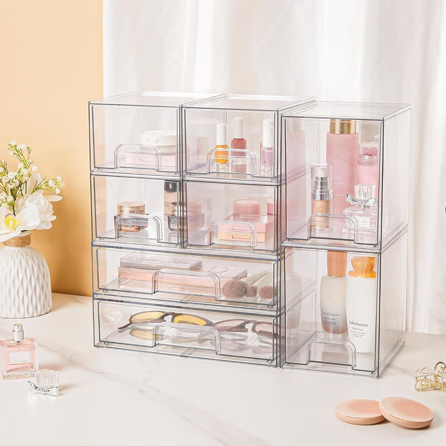 Vtopmart Stackable Storage Drawers Set of 5, Clear Plastic Organizer Bins for Baby Bottle, Beauty Supplies Storage, Ideal for Kichen Countertop, Vanity, Bathroom, Cabinet, Pantry Organization