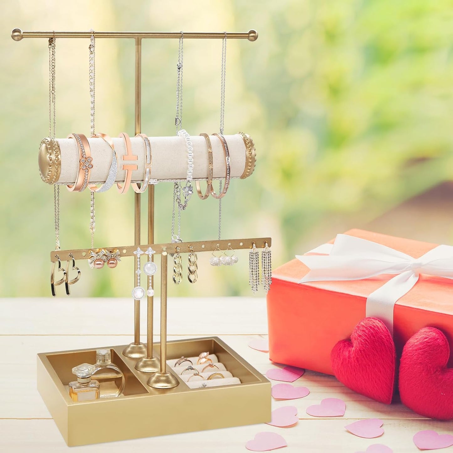 Jewelry Organizer Stand Necklace Organizer Earring Holder,3-Tier Gold Jewelry Tower Display Stand Jewelry Earring Holder Organizer Display for Necklace, Earring, Bracelet, Ring