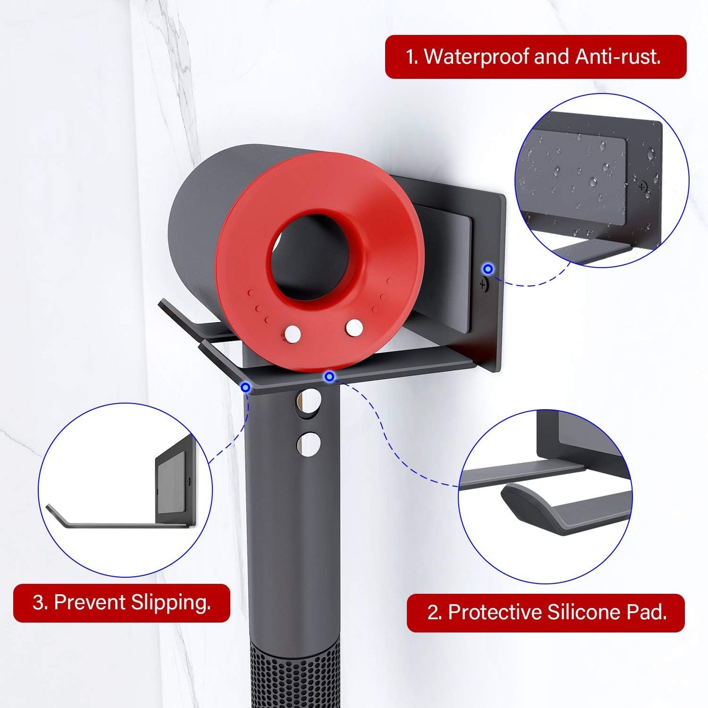 FLE Hair Dryer Holder, Blow Dryer Holder Wall Mounted Fit for Most Hair Dryers