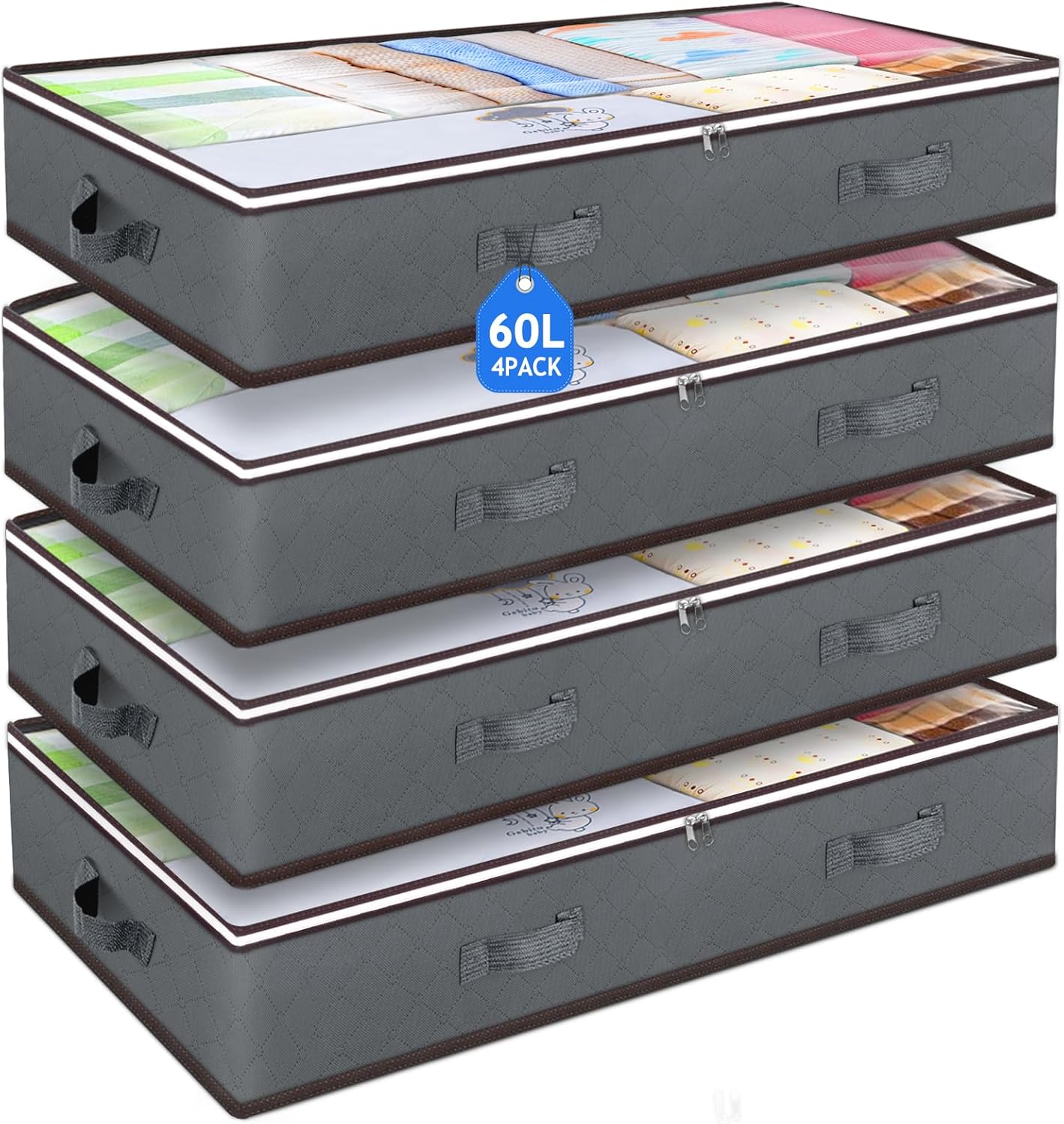 Budding Joy 60L Under Bed Storage Containers, Storage Bins with Clear Lids, Foldable Closet Organizers Storage Bags for Wrapping Paper, Blankets, Clothes, Shoes, Comforter, Sweaters, Sheets