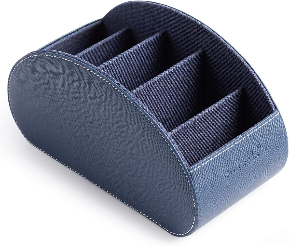 BONNY DODO Remote Control Holders Organizer Box with 5 Compartment PU Leather Multi-functional Office Desk Storage Caddy Store (Blue)