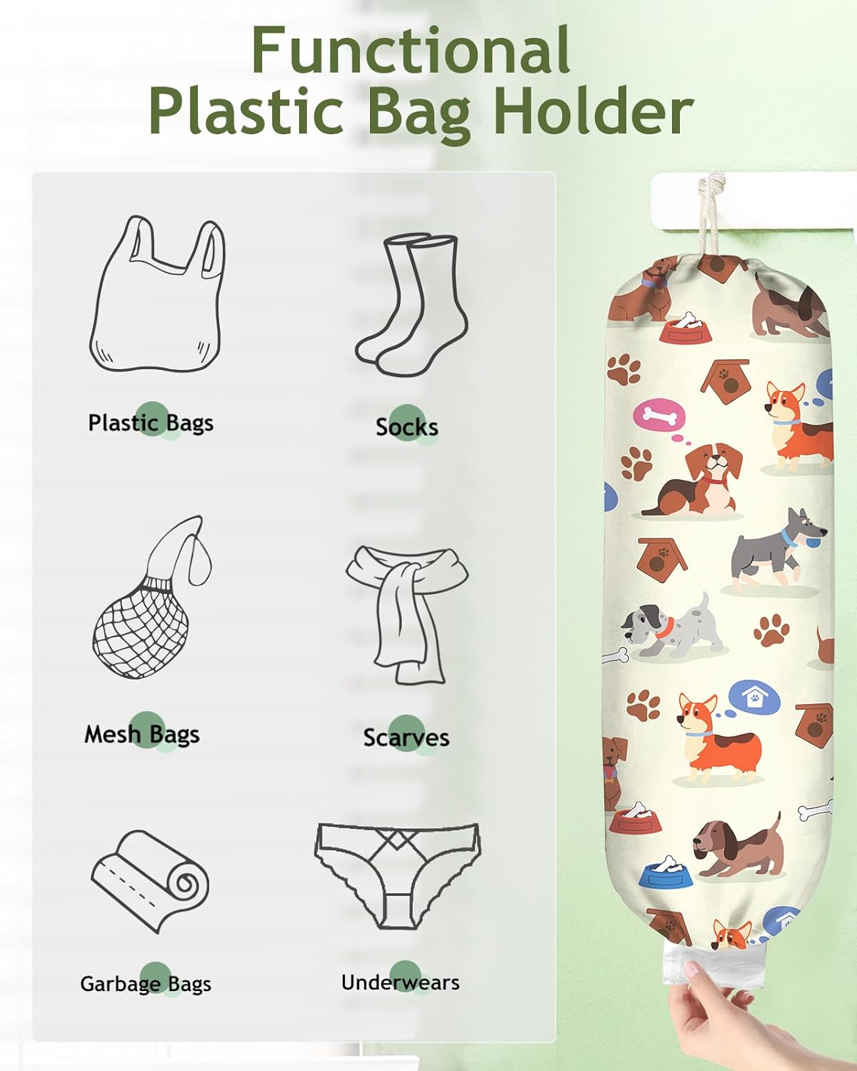 Plastic Bag Holder, Grocery Bag Organizer - 1 Pack Cute Kitchen Dispenser Holders Reusable Shopping Western Hanging Wall with Adjustment Drawstring Closure for Women Home, Dogs