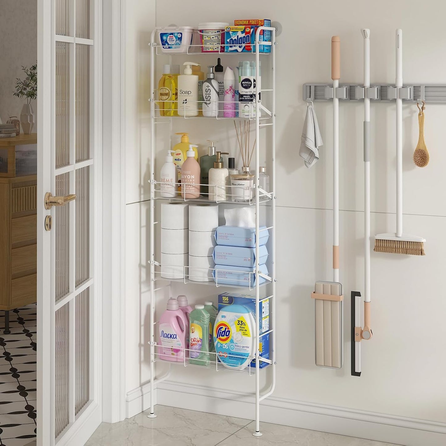 bukfen Behind The Door Organizers,5-Tier Narrow Bathroom Kitchen Shelf,Kitchen Corner Shelf Stand,Wall Storage,Spice Racks,Book Shelf,Behind The Door Storage,Multi Functional Shelf for Home,1 Pack
