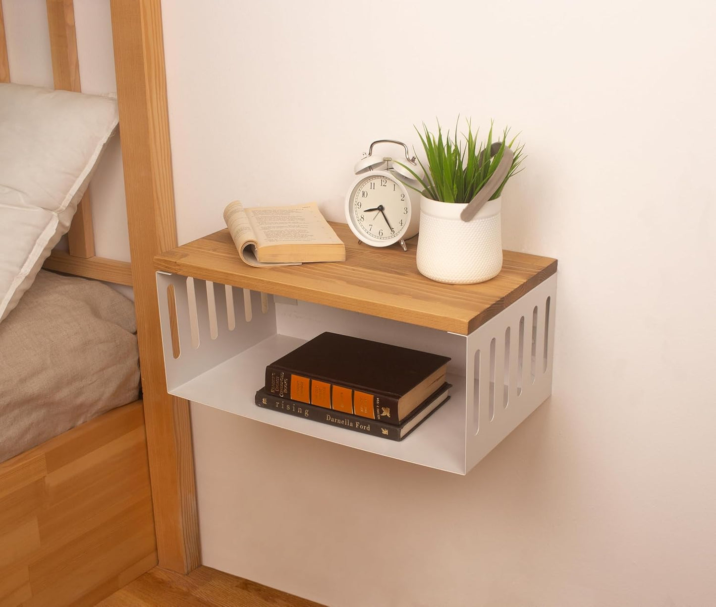 Floating Nightstand with White Metal Base, Wooden Top and Sturdy Metal Base, Minimalist Bedside Table, Wall Mounted Shelf, Bedside Shelf (Madrid)