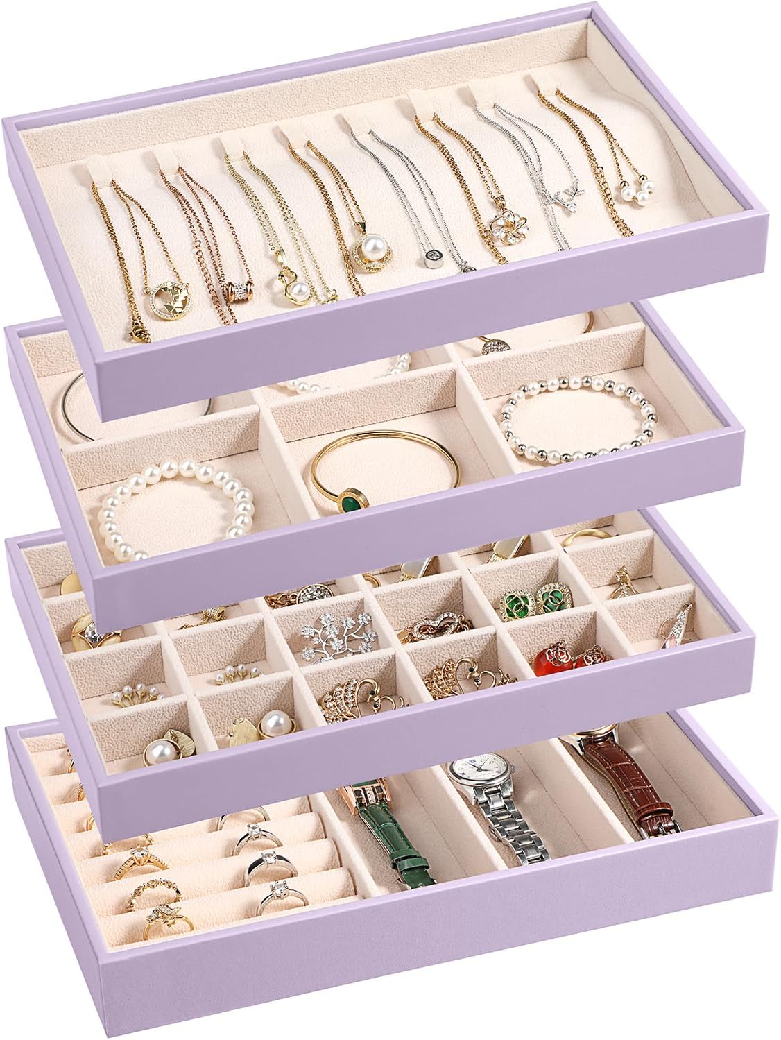 LANDICI Stackable Jewelry Organizer Trays 4 Set,PU Leather Jewelry Organizer Drawer,Jewelry Storage Display Tray for Earring Necklace Rings Bracelet with Removable Dividers,Lavender