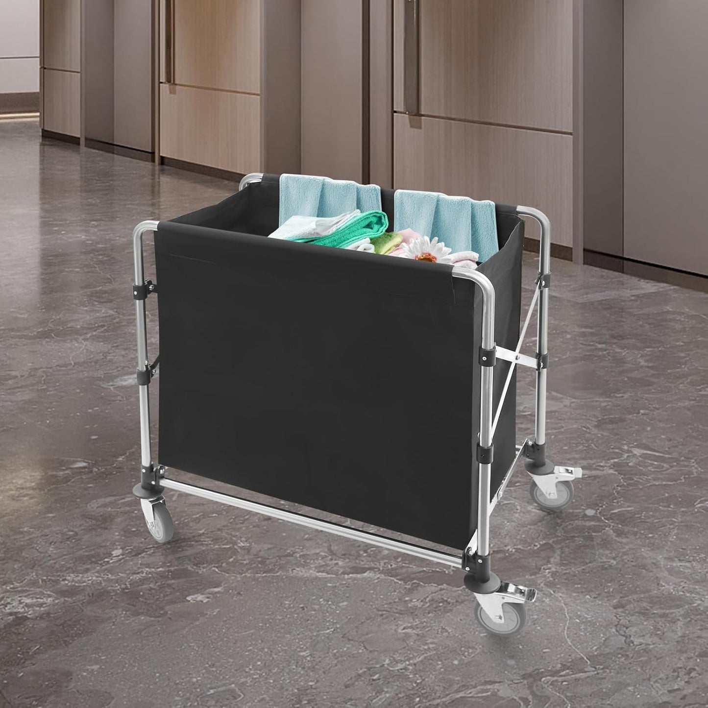 Commercial Laundry Cart with Wheels,Folding Laundry Hamper Cart,Heavy Duty Rolling Laundry Basket with Large Capacity,Laundry Sorter Trolley for Home Hotel Apartment (Black, 34.25 * 19.7 * 36.22in)