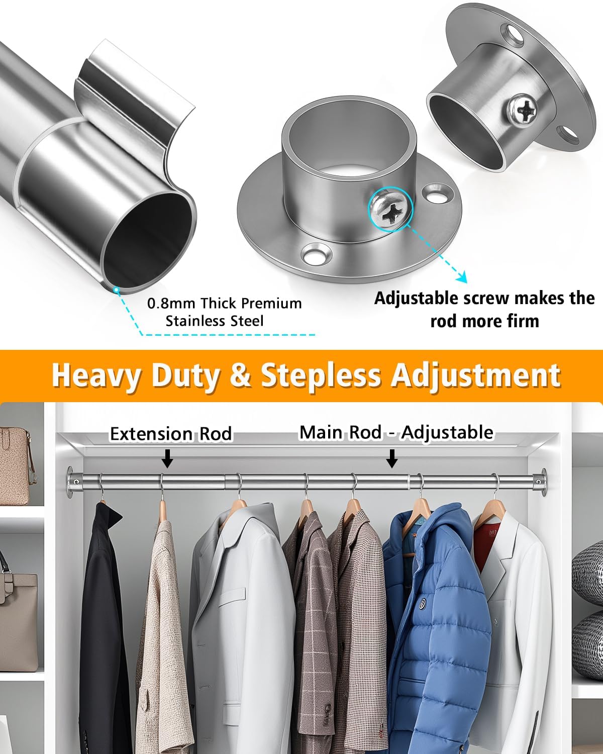 Closet Rods for Hanging Clothes, 17-28 Inch Heavy Duty and Stepless Adjustable Closet Poles, Stainless Steel Closet Hanging Rod for Closet, Wardrobes, Laundry Room, Bathroom, RV (Silver)