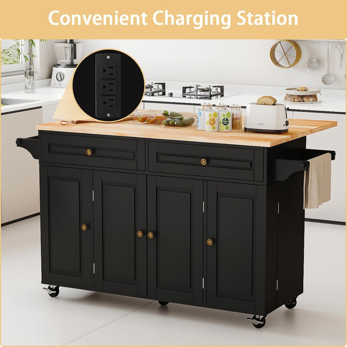 59’’ Rolling Kitchen Island Cart with Drop Leaf and Power Outlet, Movable Kitchen Islands with 3-Tier Door Storage Shelf, Island Table on Wheels, 2 Large Drawers, Towel Racks, Black