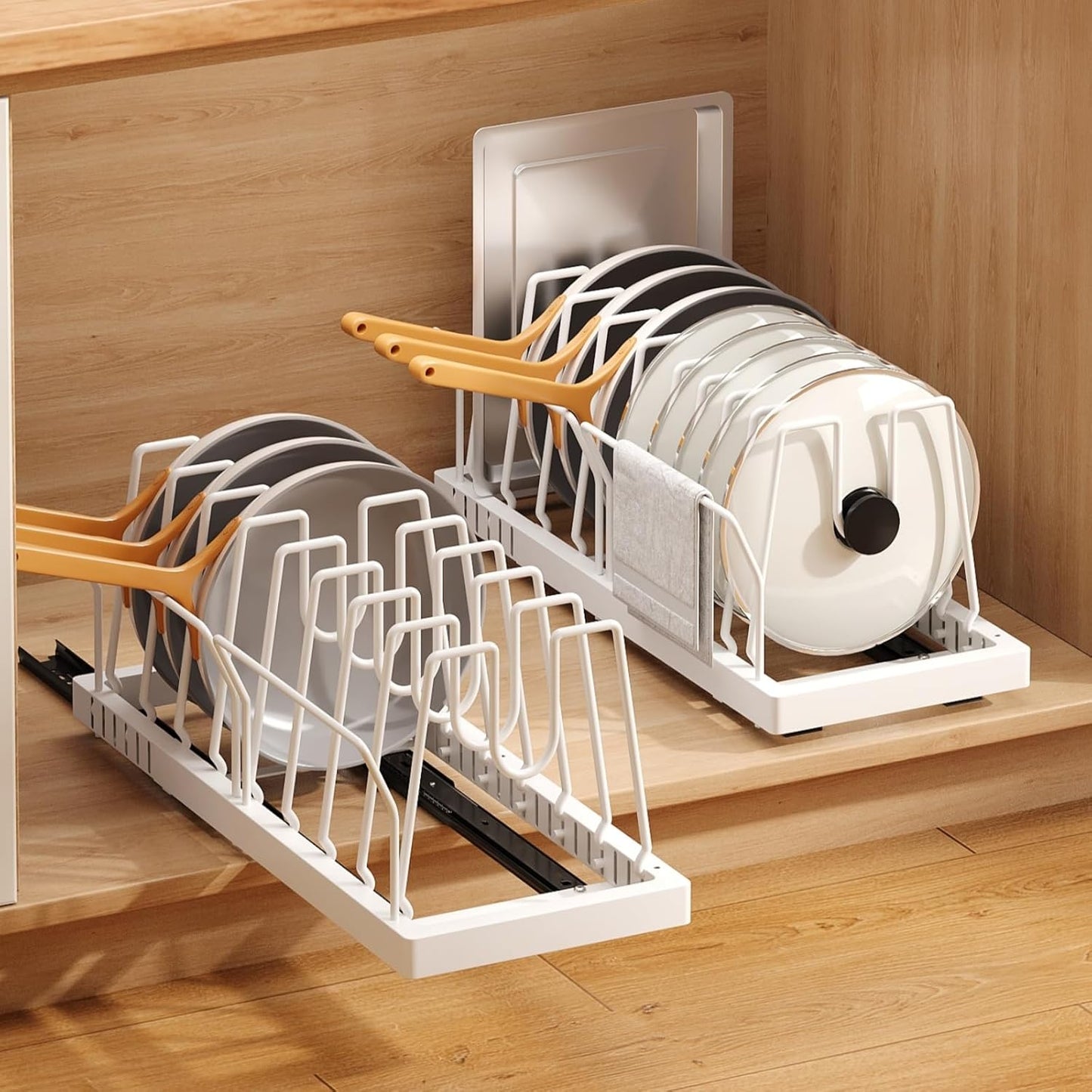 2 Pack Pots and Pans Organizer Under Cabinet, 21.6" Deep Pull Out Pot Lid Organizer Holder with Guardrail Adhesive Pot and Pan Holder Rack with 10 Adjustable Dividers(White)
