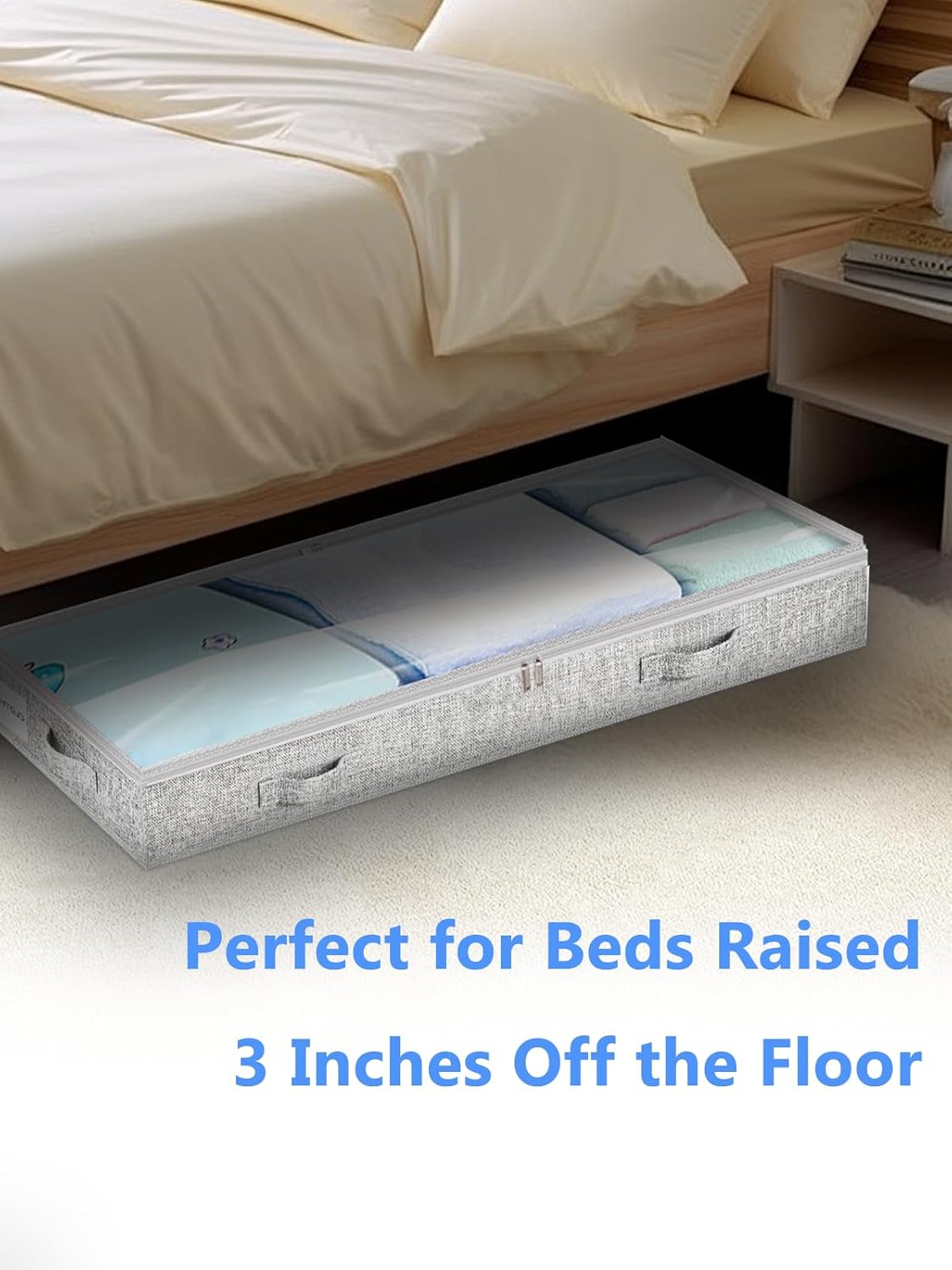 Low Profile Under Bed Storage, 3-Inch High Foldable Underbed Storage Bins with Lid & Zipper, No Structure, Super Slim Clothes Organizer for Crib Dorm Couch Low Bed, 2-Pack, Clear Top