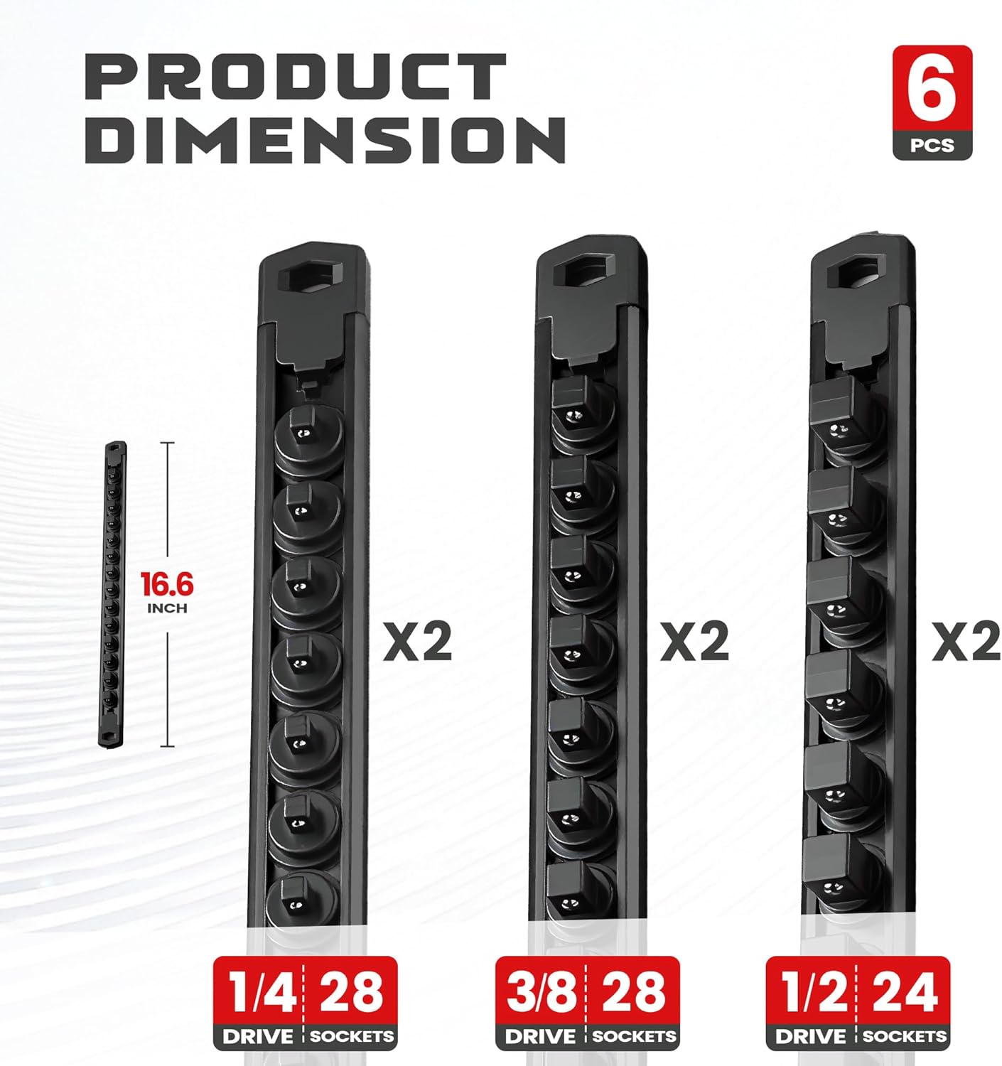 ALOANES 6-Piece Magnetic Socket Organizer, Heavy Duty Aluminum Socket Rails Organizer, 360° Swivel Clips Socket Holder Kit for Tool Box, 1/2, 3/8, 1/4-Inch Socket Holder x 80 Clips (Black)