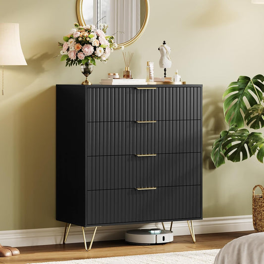 Garvee Fluted Dresser for Bedroom with 4 Drawers,32" Wide Modern Chest of Wooden Bedroom Chest with Metal Handle,Wide Clothes Storage Organizer,Closet Dresser & TV Stand for Living Room,Hallway,Black