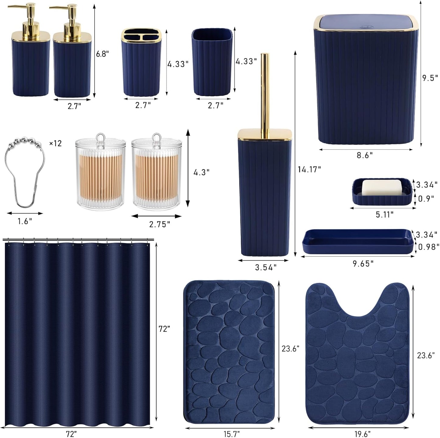 Bathroom Set with Shower Curtain and Rugs- 25PC Blue Bathroom Accessory Set, Navy Blue Shower Curtain Set, Toilet Brush, Trash Can, Qtip Holder Dispenser & Soap Dispenser