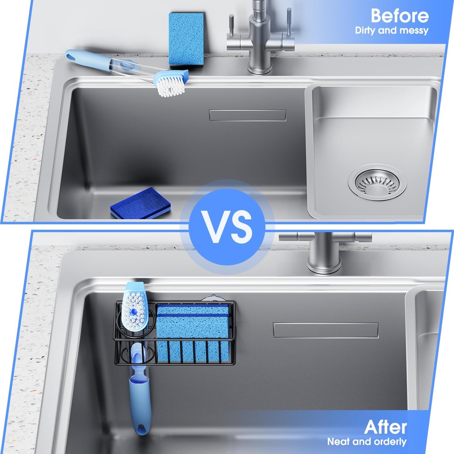 Kitchen Sink Organizer, Strong Adhesive Mount Detachable Sponge Holder for Kitchen & Bathroom Sink with Extra Suction Cups, Holds Sponges, Dish Brushes, Scrubbing Pads