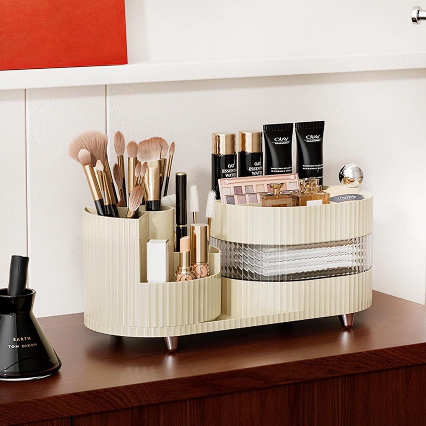 Ivory Rotating Vanity Organizer with Drawer & Brush Holder - 3 Layer Cosmetic Skincare & Perfume Storage - Countertop Makeup Display Case