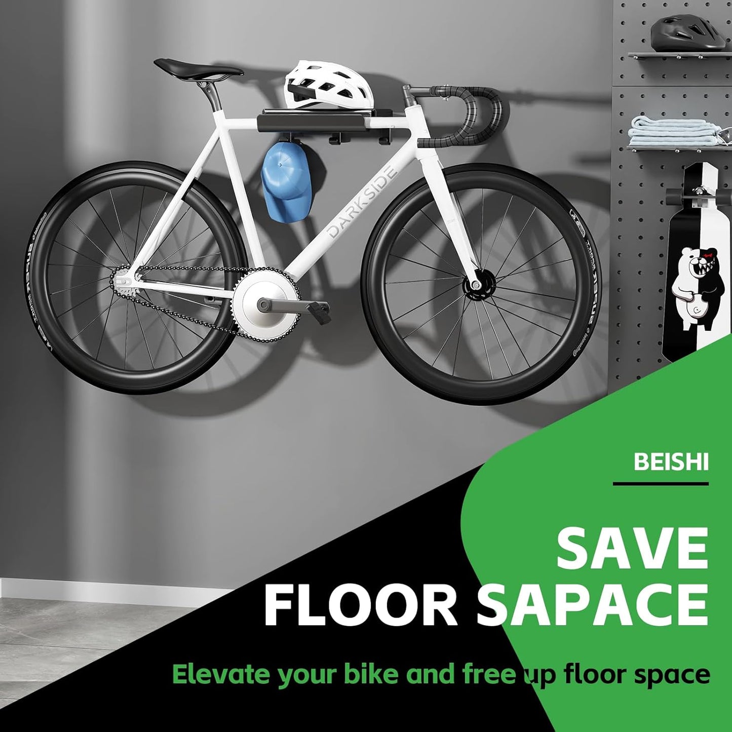 Bike Wall Mount Rack Indoor Bike Storage Garage Bike Rack Wall Mount with Shelf and Hooks Store Your Helmet and Shoes for a Single Road, Mountain or Other Bicycle (Fit Crank Bicycle)