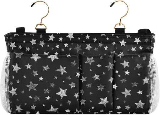 Sparkly Silver Stars Bedside Caddy for Dorm Bed Bedside Hanging Caddy Bag Iron Frame Storage Organizer Pocket for Bunk Home College Hospital Beds 2 Hooks