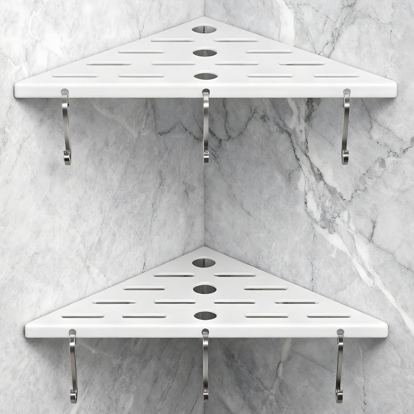 Shower Corner Shelf 304 Stainless Steel Shower Caddy 2 Tier Shower Organizer Niche Extra 6 Hangers Shelves 40 lbs Large Capacity Bathroom Storage for Inside Anti-Rust Drilling Installation(White)