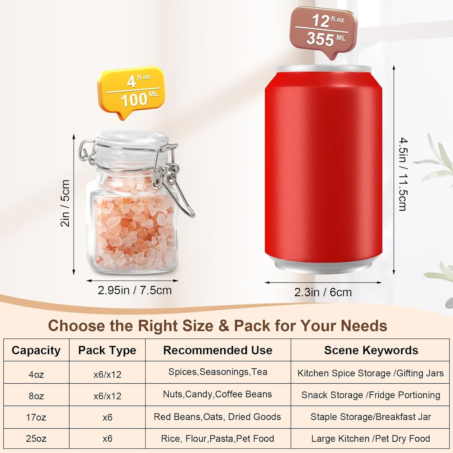 6 Pack Spice Jars, 4 oz Glass Containers with Airtight Lids, Small Herb Jars with Labels for Kitchen Storage