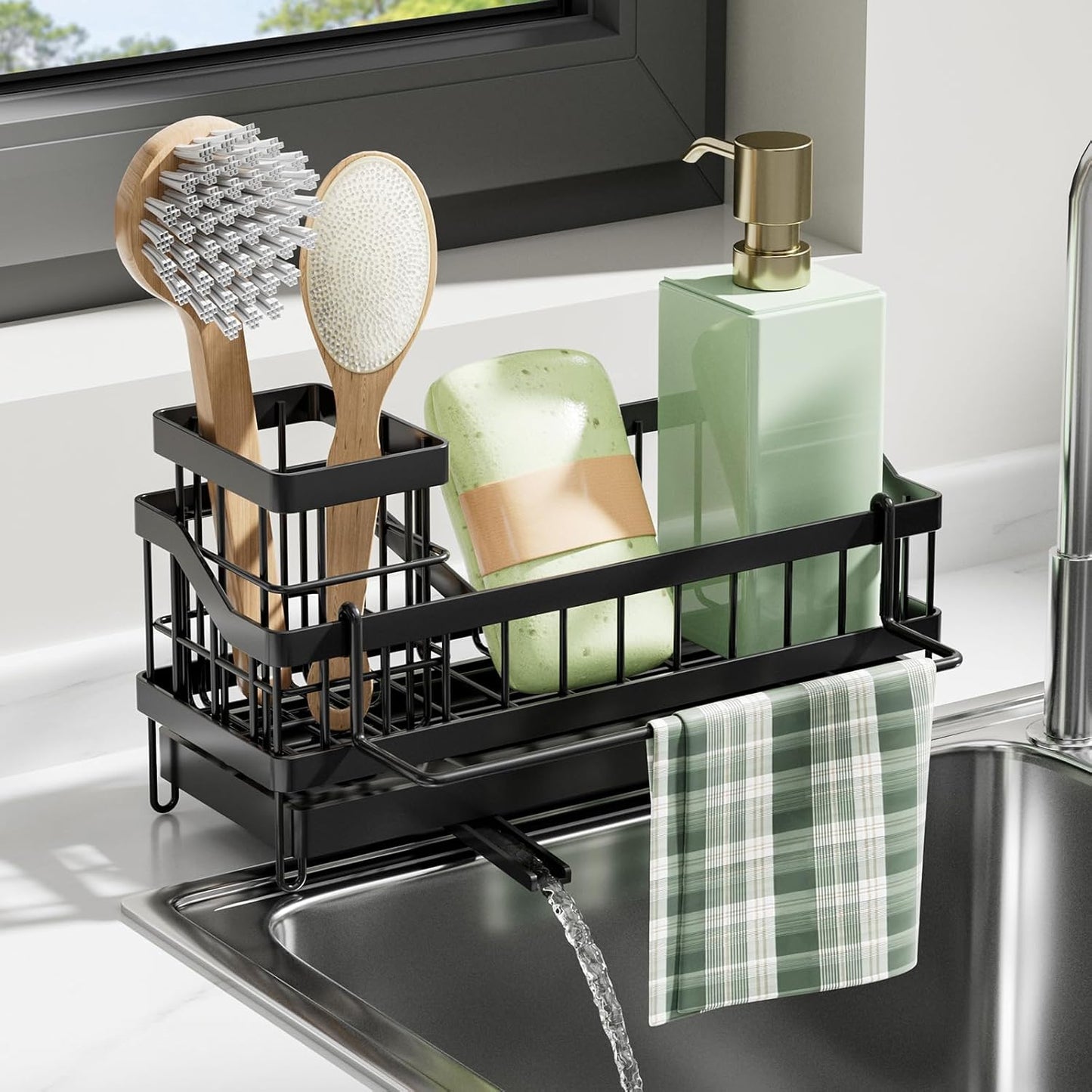 Sponge Holder for Kitchen Sink Organizer, Sink Caddy with High Brush Holder, Rustproof and Non-slip, Soap Dispenser Kitchen Organizers and Storage Essentials (Black)