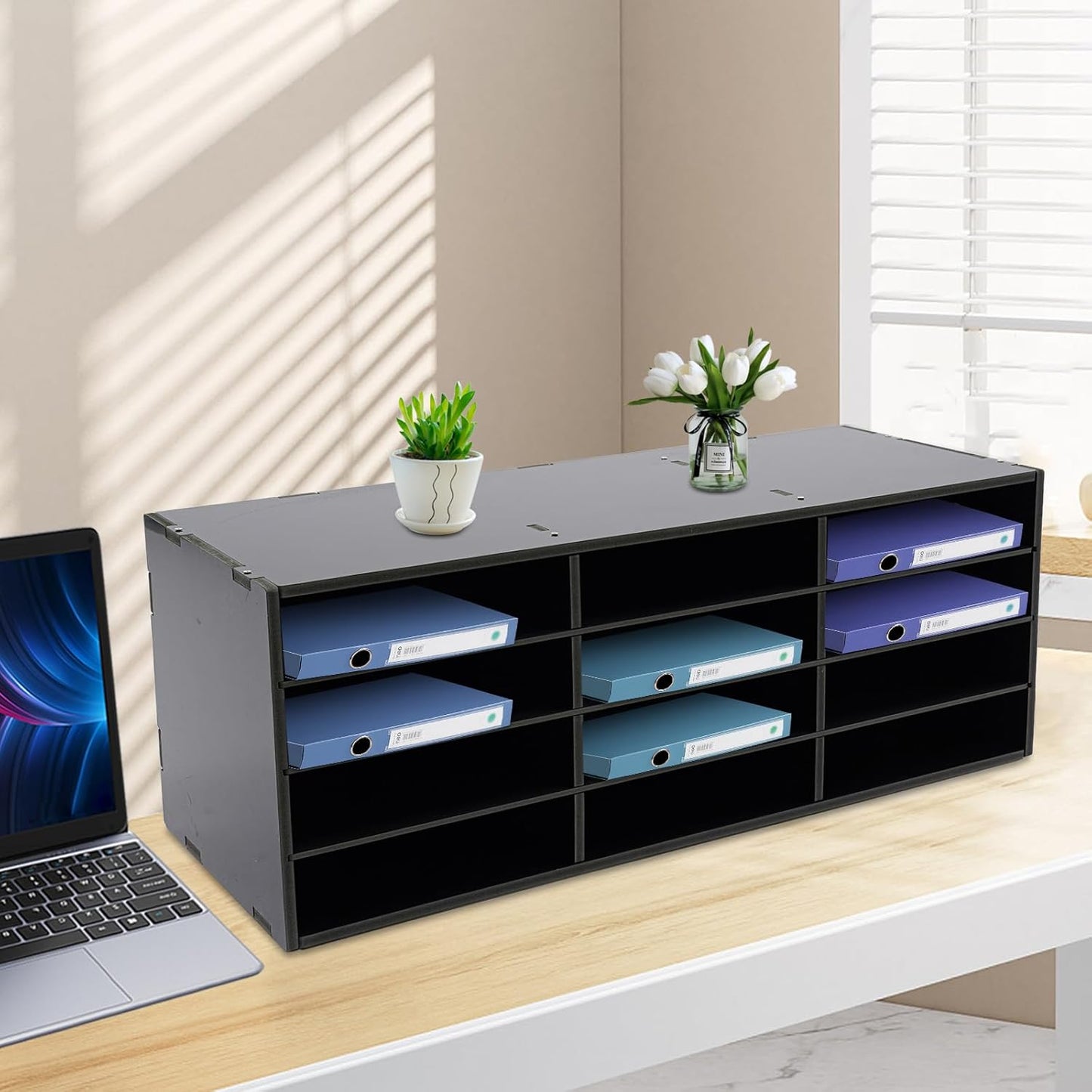 Mail Sorter Organizer, 12 Compartments Mailbox for Classroom, Desktop File Organizer with Adjustable Shelves, for Office Home Classroom, PVC, Black