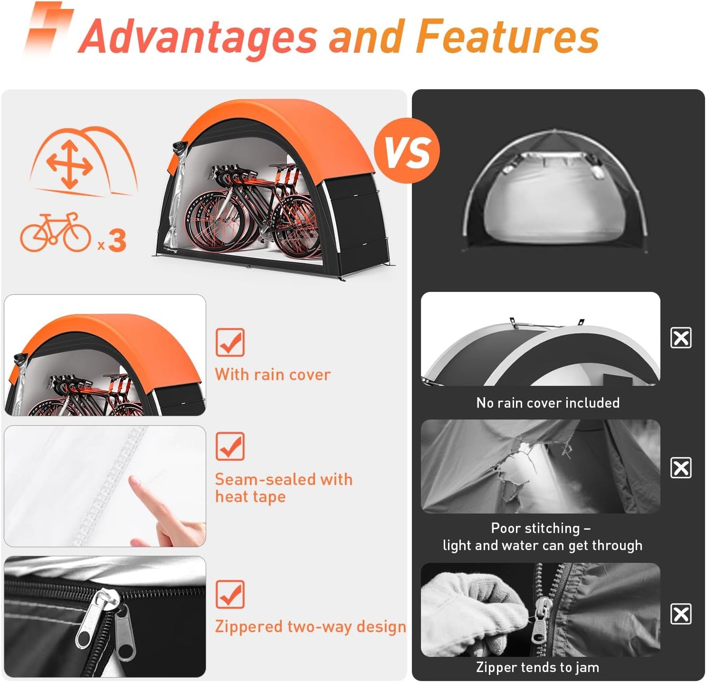 Upgraded Bike Tent with Rain Cover, Portable Outdoor Storage Shed for 2 Bikes, 210D Oxford Fabric PU4000 Waterproof, Bike Shed/Bike Cover for Motorcycles, Garden Tools, Lawn Mower