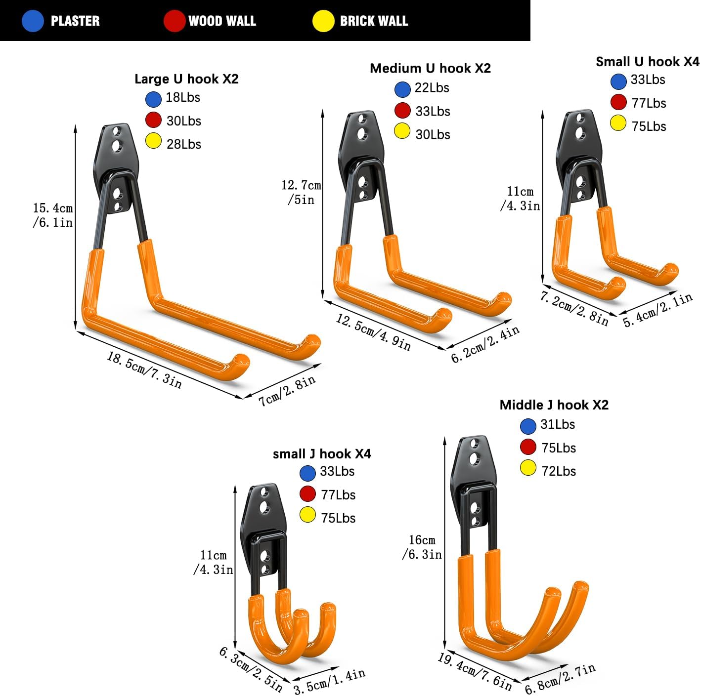 3-H Garage Wall Hooks 14 Pack, Garage Hooks Heavy Duty with Extra Welding Spots, Wall Mount Storage Organizer for Hanging Garden Lawn Tools Ladder Bike WeedEater Chair Shovel Blower (Orange)