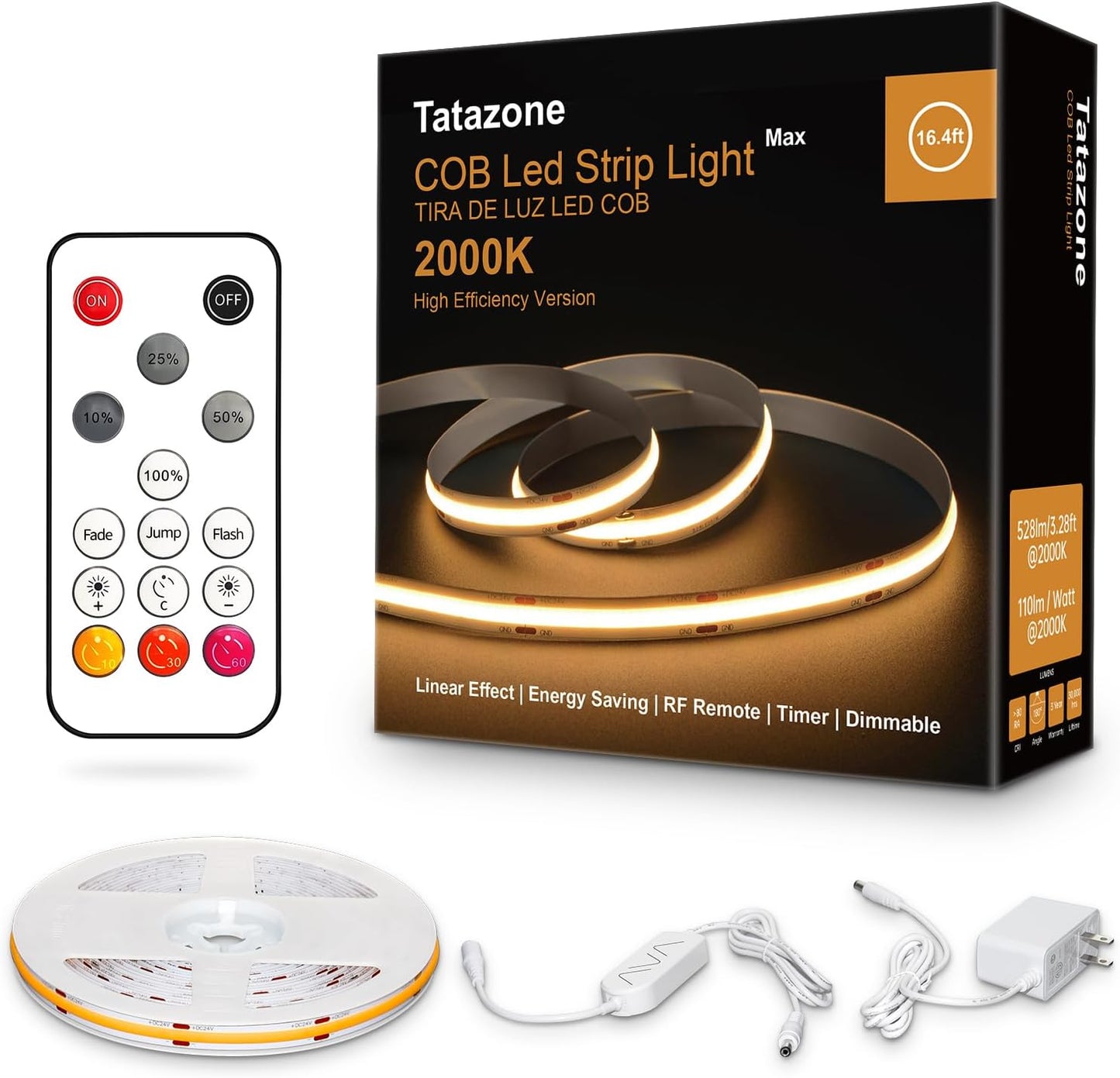 Orange Color COB Led Strip Lights with RF Remote, 16.4ft 2000K Dimmable Bright Dotless Yellow Led Light Strip, Adhesive Indoor Gold Yellow Led Lights for Cabinet, Living Room