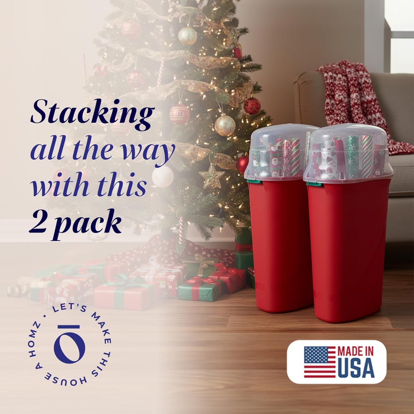 HOMZ 2-Pack Seasonal Holiday, Plastic Vertical Gift Wrap Storage Organizer, Red & Clear - Paper Wrapping Bin Containers for Christmas Gifts and Birthday Presents