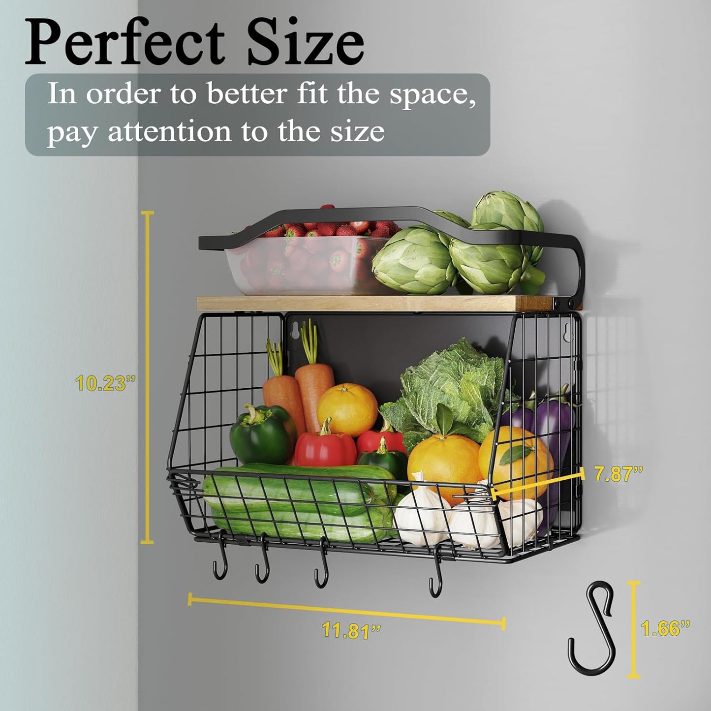 Magnetic Shelf for Fridge with Wood Lid, Heavy Duty Fruit Basket, Fruit Potato and Onion Storage Bins, Magnetic Spice Rack for Refrigerator, Black Hanging Wire Basket for Kitchen Counter