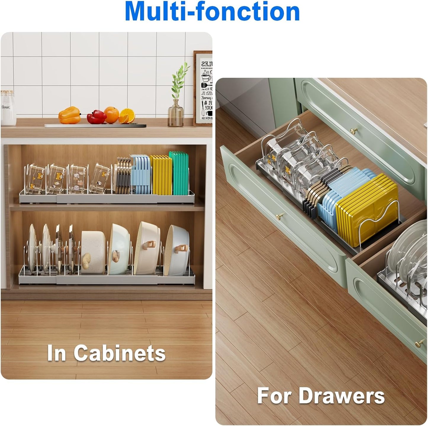 2 Pack Pots and Pans Organizer Under Cabinet, 22" Expandable Food Storage Container Lid Organizers with 9 Adjustable Dividers Pot and Pan Lid Holders Rack Inside Cabinet/Countertop(Gray)