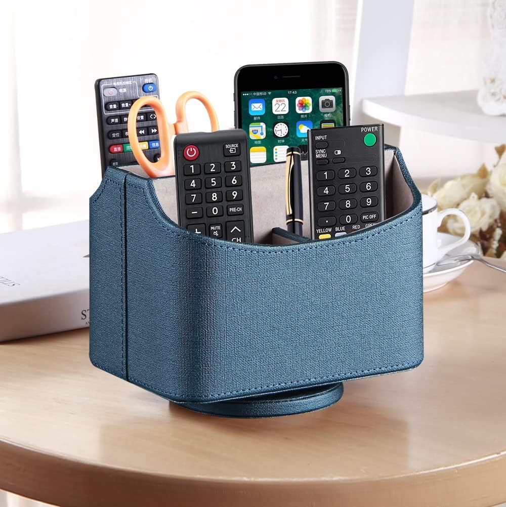 PUSU Remote Control Holder PU Leather 360 Degrees Rotatable Desktop Supply Organizer Storage Box for Controllers Media Stationery Nightstand TV Caddy E-reader iPad Phone Pen/Pencil Cosmetic