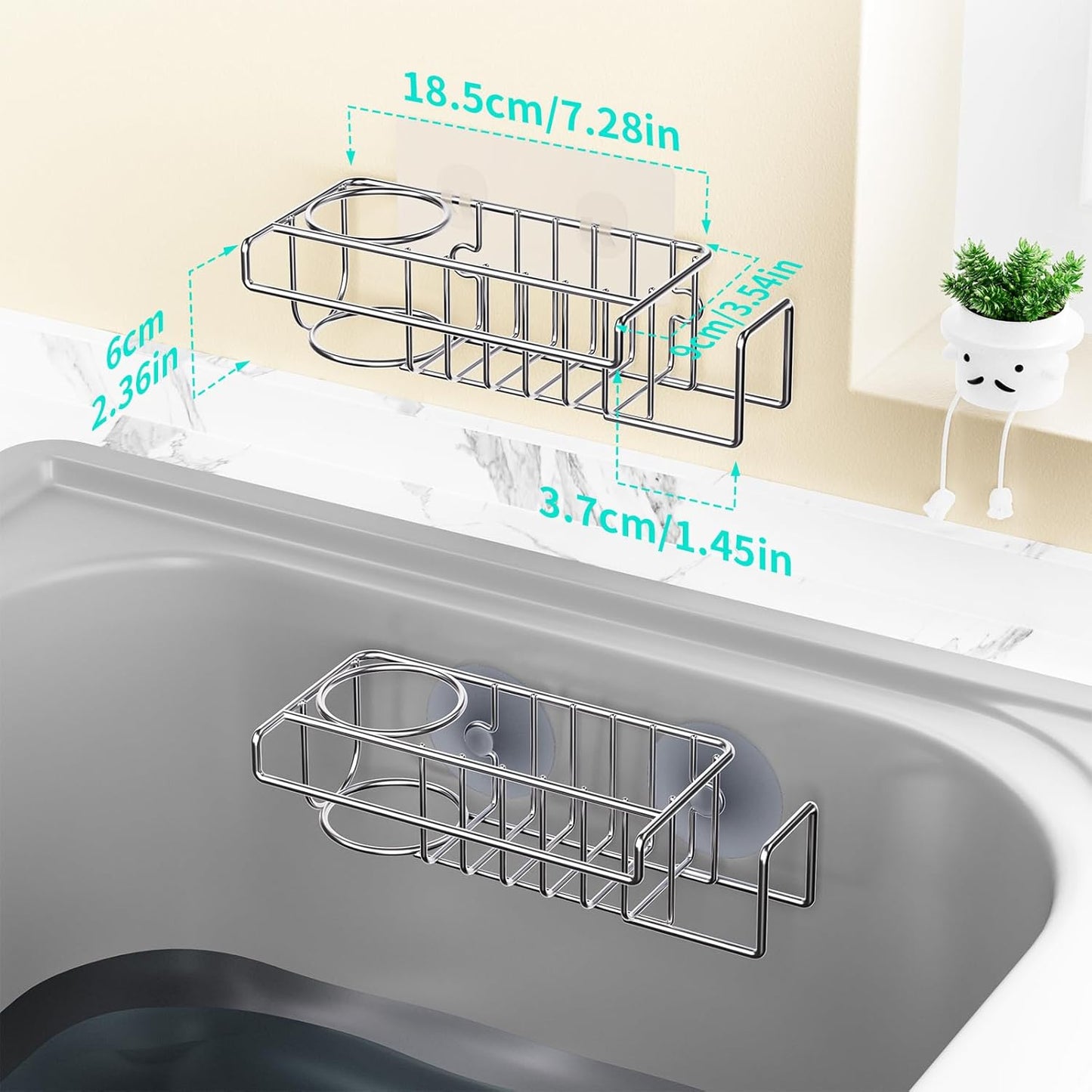 HapiRm Sink Caddy Sponge Holder - No Drill Sponge Caddy for Kitchen, Rustproof and Waterproof Kitchen Sink Organizer - Silver（2-Pack）