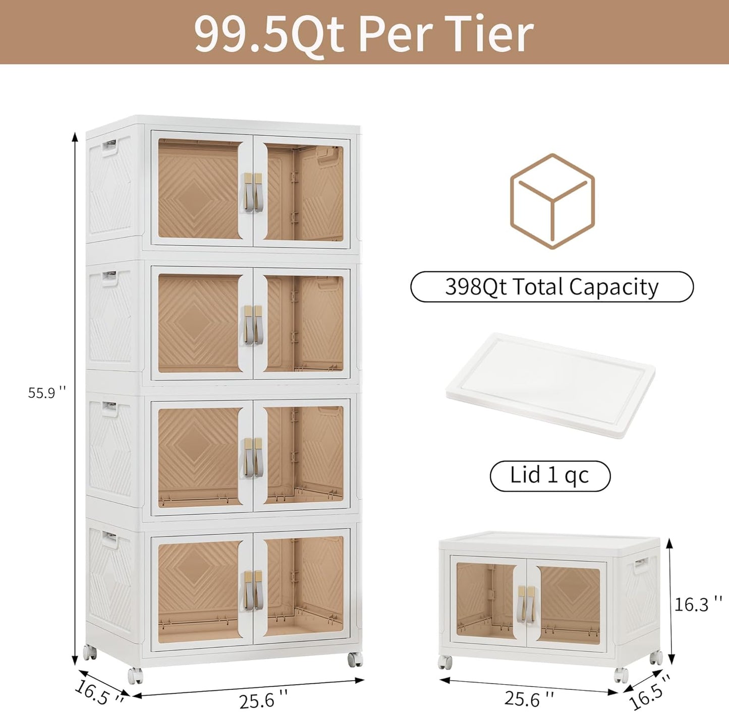 Large Clear Stackable Storage Bins with 2 Lids, Foldable Storage Cabinet for Closet Organizers and Storage, Plastic Storage Box with Wheels 597 QT