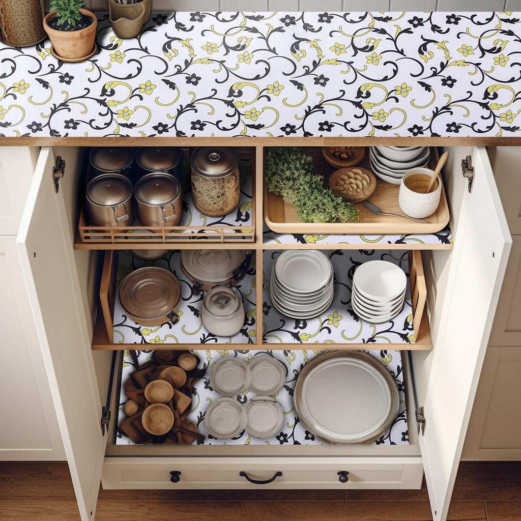 2 Rolls 18" W x 96" L Floral Drawer and Shelf Liner for Cabinets, Non-Adhesive Strong Grip Non-Slip Flower Shelf Cabinet Kitchen Shelf Liners for Kitchen Cabinets