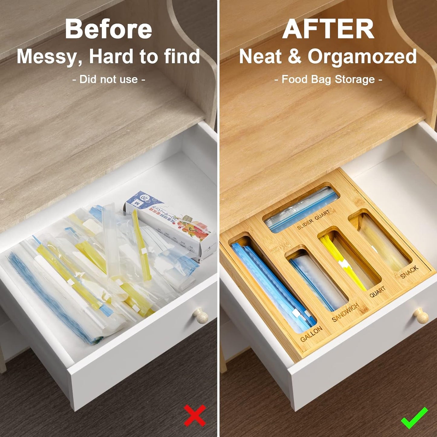 Plastic Bag Organizer for Drawer, Bamboo Food Storage Bags Container Organizer with Slider, Baggie Bags Storage for Drawer Compatible with Gallon, Sandwich Variety Size Bags