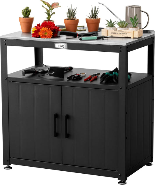 Garden Potting Bench with Storage Cabinet, Outdoor Gardening Table & Work Bench for Plants, Horticulture, Outdoor Workstation with Stainless Steel Tabletop, Outdoor Work Table