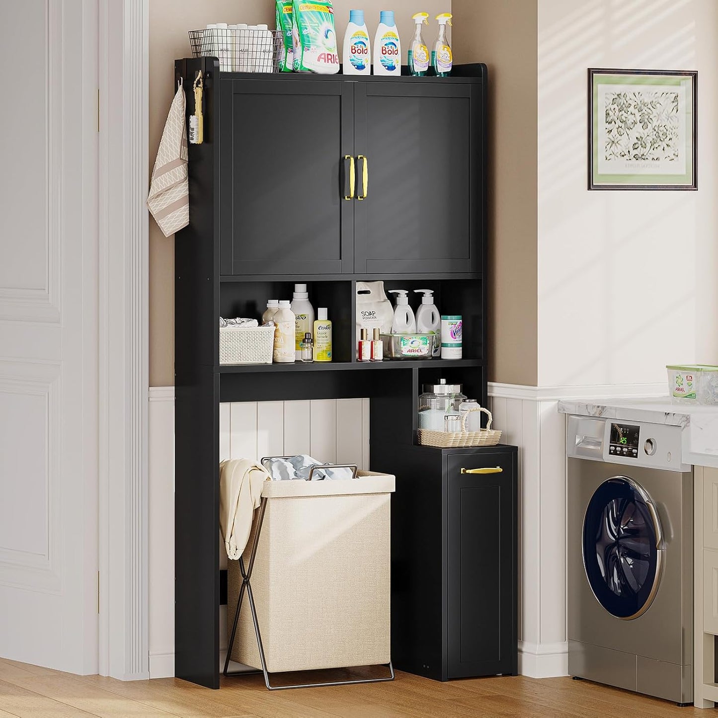 Over The Toilet Storage Cabinet with Pulley Small Bathroom Storage Cabinet, Space Saver W/Adjustable Shelf & Open Shelf for Bathroom, Restroom, Laundry (Black)
