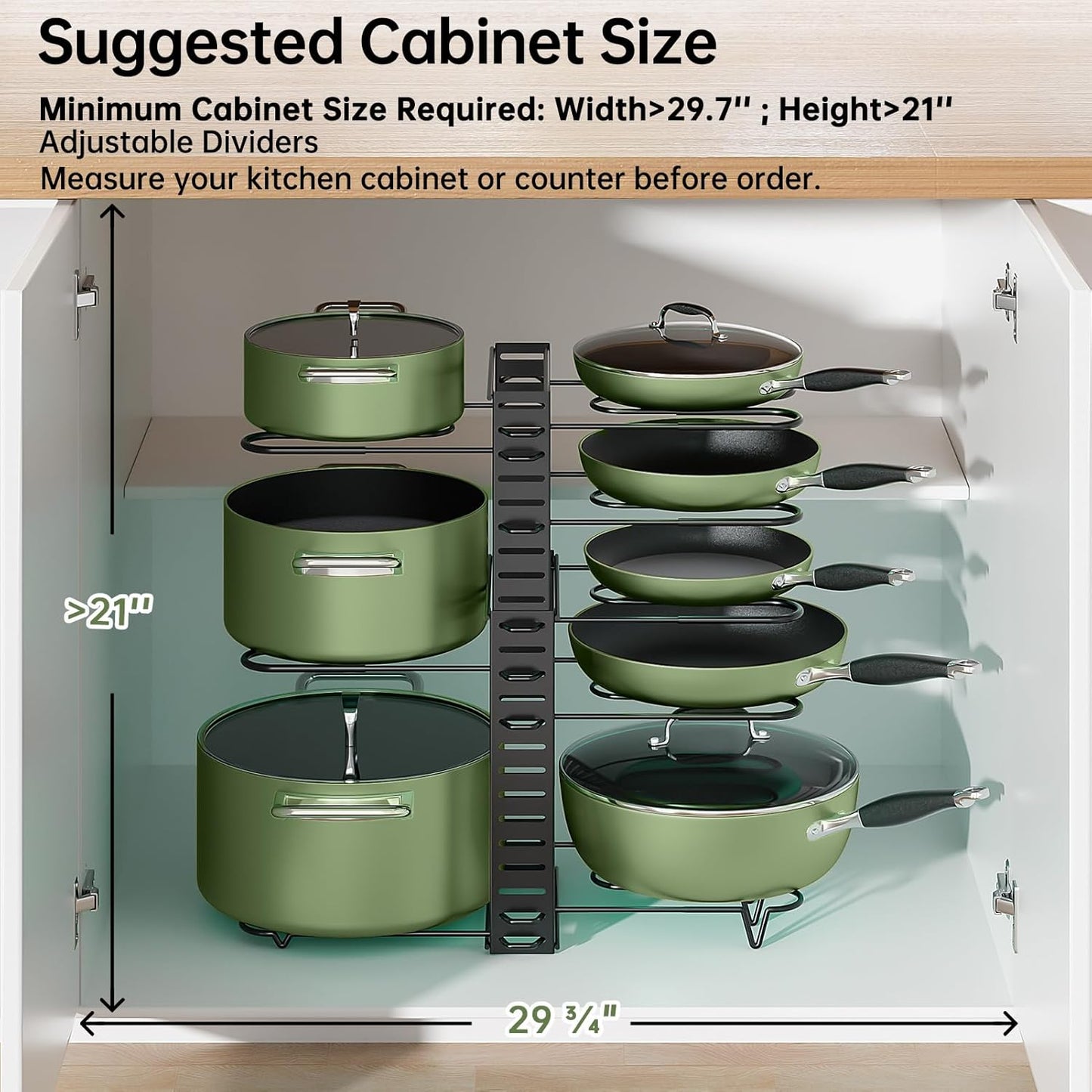 MUDEELA Pots and Pans Organizer Rack for under Cabinet, 8-Tiers Adjustable Pot Rack with 3 DIY Methods, Expandable 11.65'' to 19" Pot Lid Organizer for Kitchen Pantry Cabinet Organization and Storage